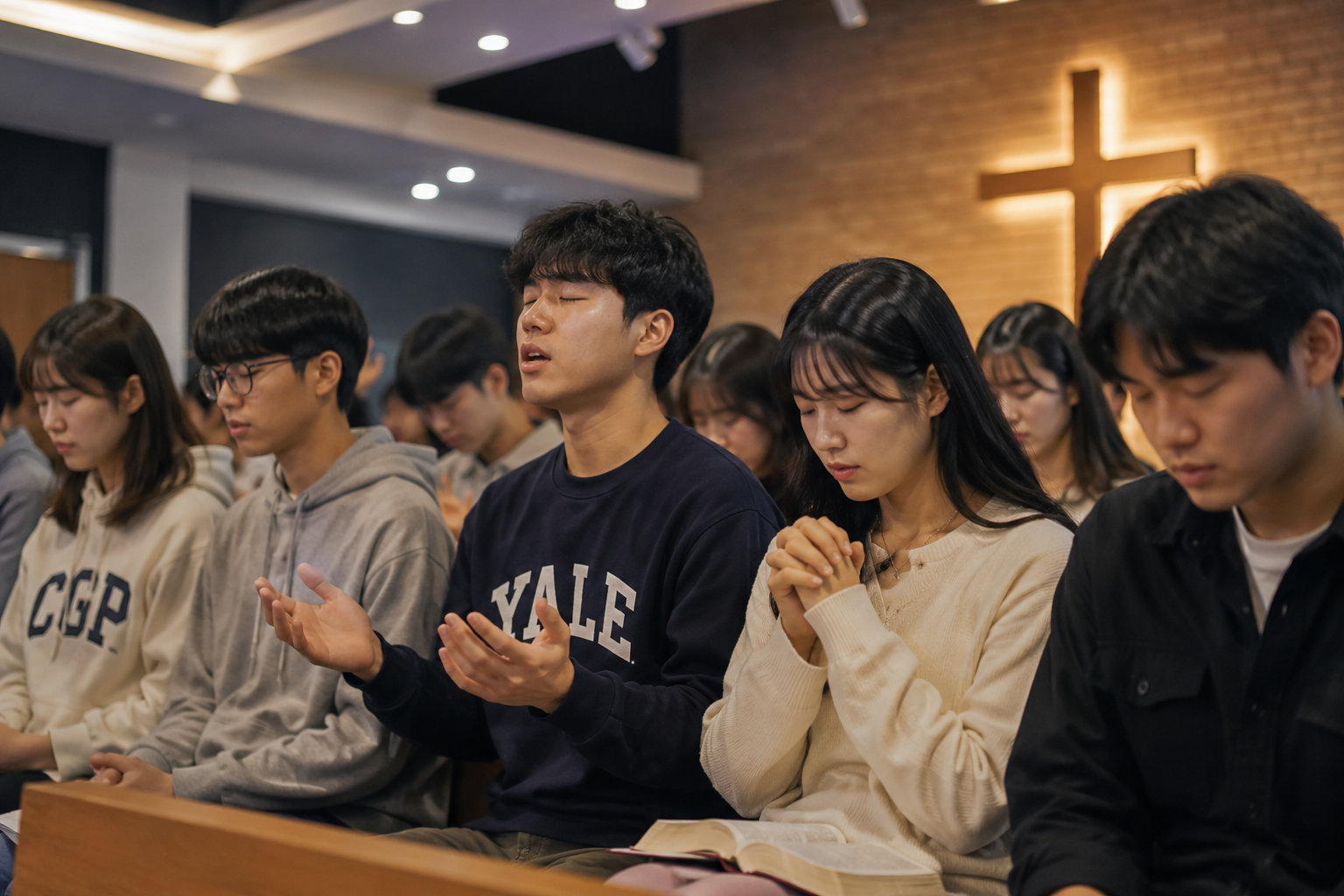 礼拝の中で祈る神学生たち